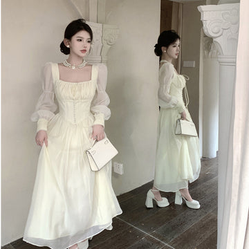 French Square Collar Long Sleeve Dress Women