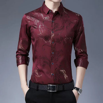 Dragon Print Lapel Slim Long Sleeve Shirt