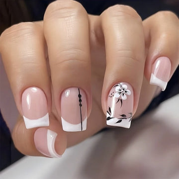 French Flower Black Leaf Short Manicure Wear Nail Tip