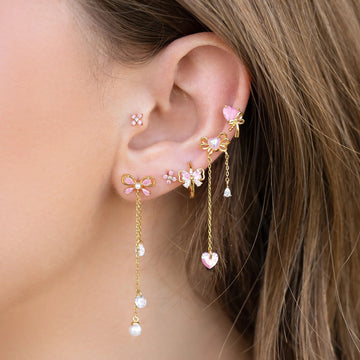 Bow Earrings Pearl Tassel Peach Heart