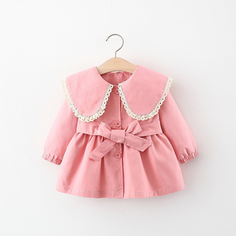 Girls' Polo Collar Solid Color Long Sleeve Trench Coat