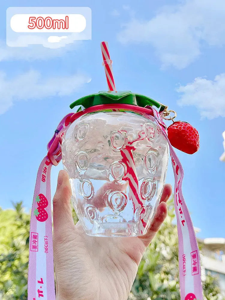 500ml Kawaii Strawberry Water Bottle Cute Strawberry Straw Water Bottle PP Milk Coffee Straw Cup Juice Drinkware Kitchen DazzleTrove