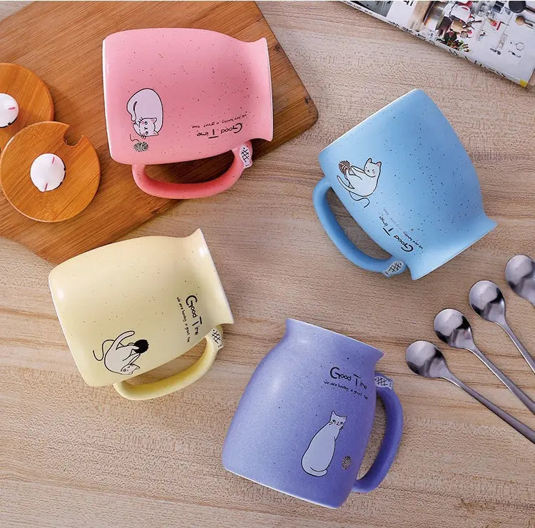 450ml Cartoon Ceramics Cat Mug With Lid and Spoon Coffee Milk Tea Mugs Breakfast Cup Drinkware Novelty Gifts DazzleTrove
