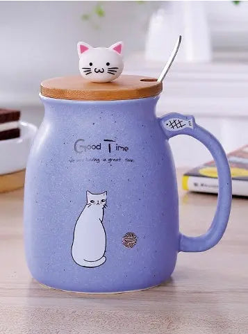 450ml Cartoon Ceramics Cat Mug With Lid and Spoon Coffee Milk Tea Mugs Breakfast Cup Drinkware Novelty Gifts DazzleTrove