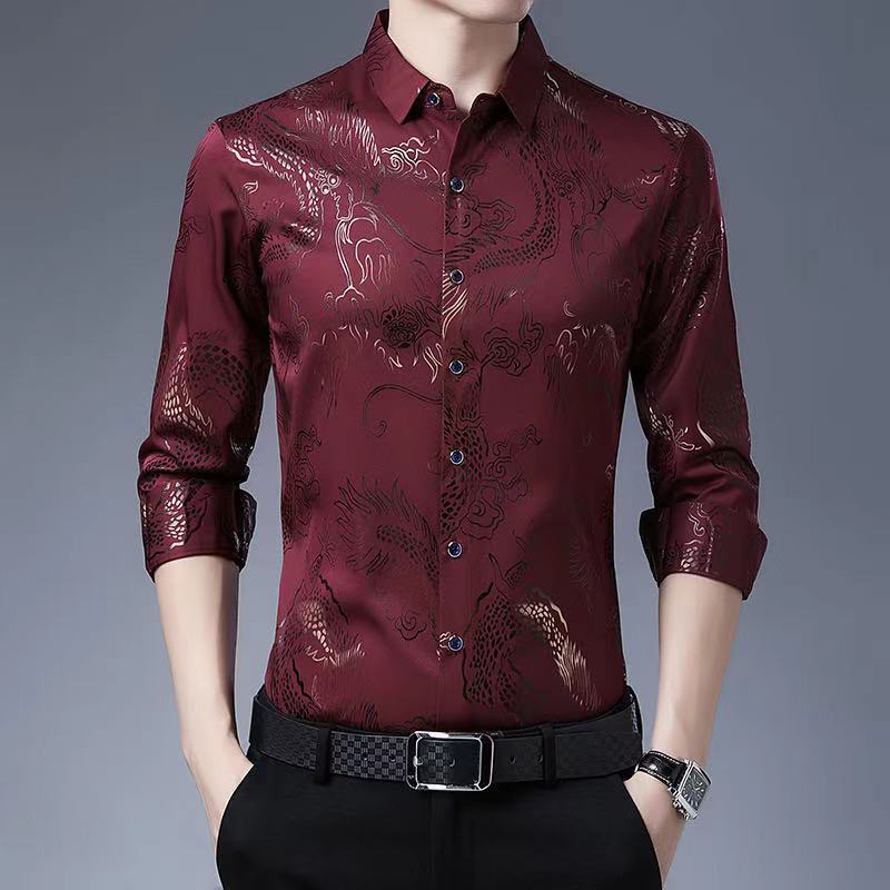 Dragon Print Lapel Slim Long Sleeve Shirt