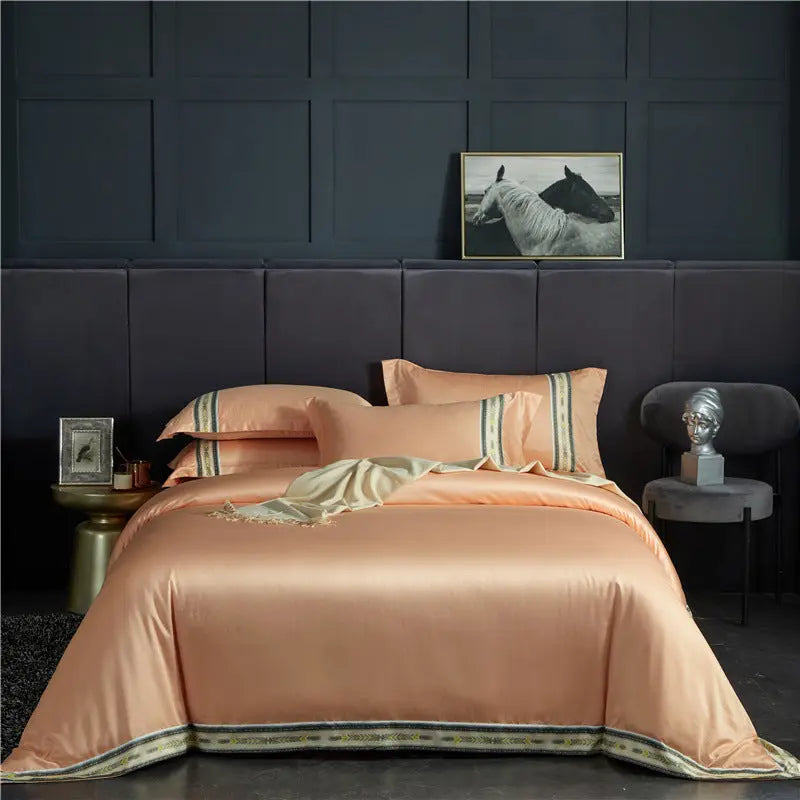 Four-piece Set Of Washed Silk Satin Striped Sheets, Solid Color Ice Silk Jane Ou Silk Slippery Bed Linen DazzleTrove