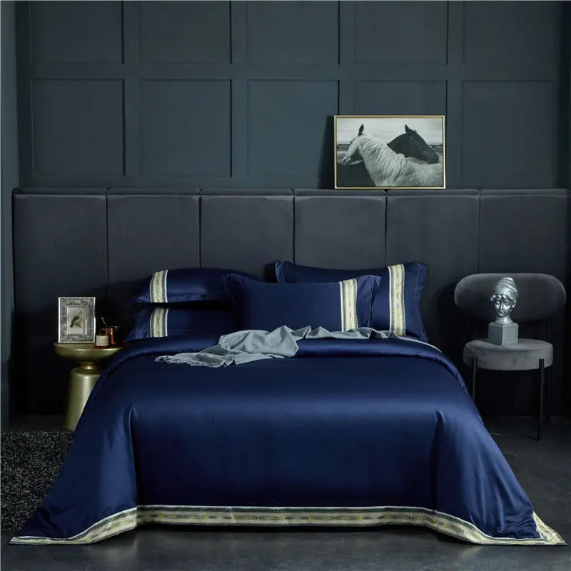 Four-piece Set Of Washed Silk Satin Striped Sheets, Solid Color Ice Silk Jane Ou Silk Slippery Bed Linen DazzleTrove