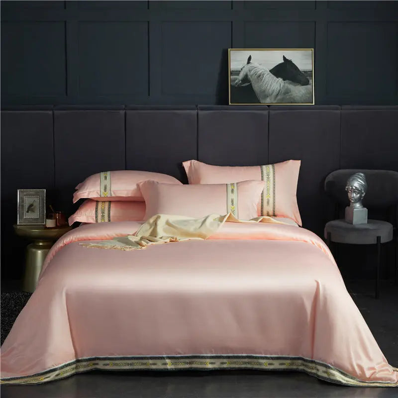 Four-piece Set Of Washed Silk Satin Striped Sheets, Solid Color Ice Silk Jane Ou Silk Slippery Bed Linen DazzleTrove
