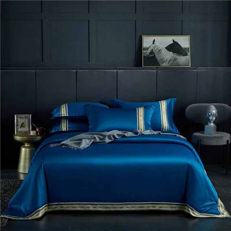 Four-piece Set Of Washed Silk Satin Striped Sheets, Solid Color Ice Silk Jane Ou Silk Slippery Bed Linen DazzleTrove