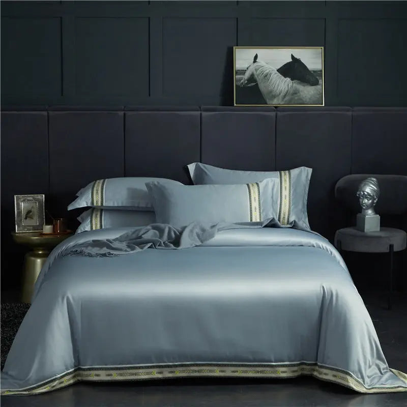 Four-piece Set Of Washed Silk Satin Striped Sheets, Solid Color Ice Silk Jane Ou Silk Slippery Bed Linen DazzleTrove