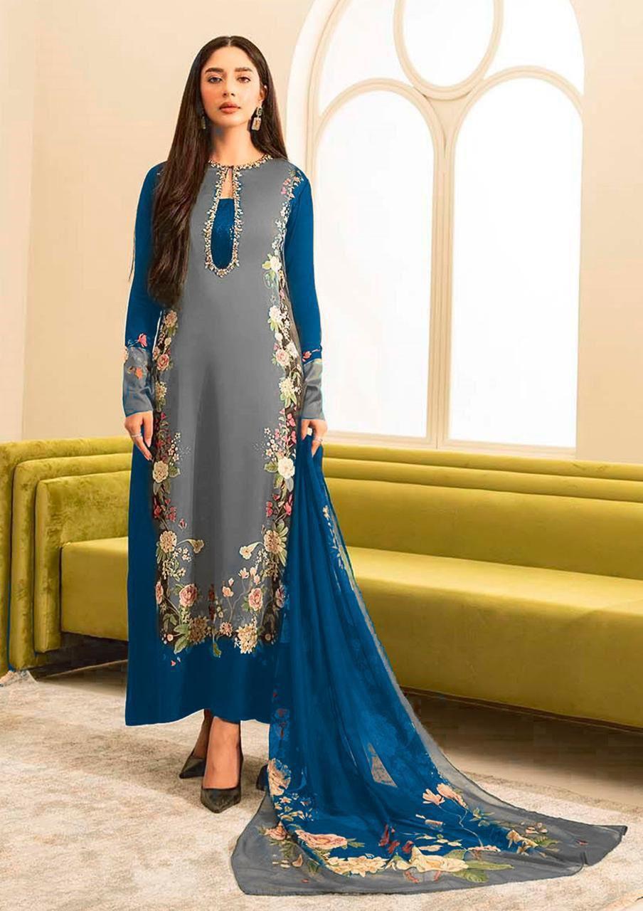 Women unstitched silk suite with embroidery neck