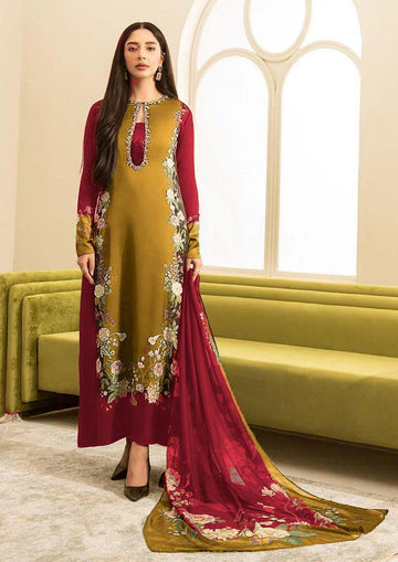Women unstitched silk suite with embroidery neck