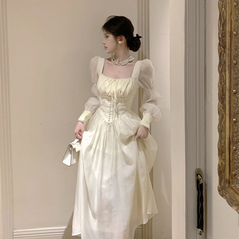 French Square Collar Long Sleeve Dress Women