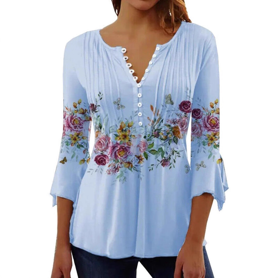 Women's Single-breasted Fashion V-neck Half-sleeve Top