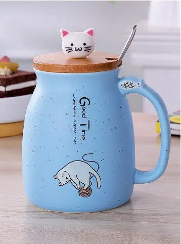 450ml Cartoon Ceramics Cat Mug With Lid and Spoon Coffee Milk Tea Mugs Breakfast Cup Drinkware Novelty Gifts DazzleTrove