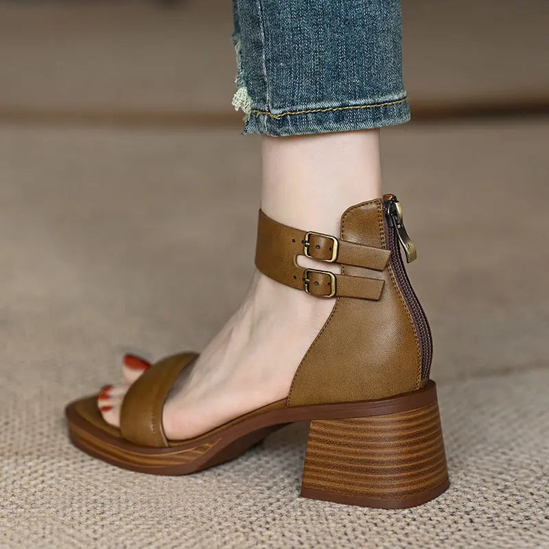Chunky Heel Back Zip Platform French Style Mid Heel Wide Strap High Heel Shoes DazzleTrove