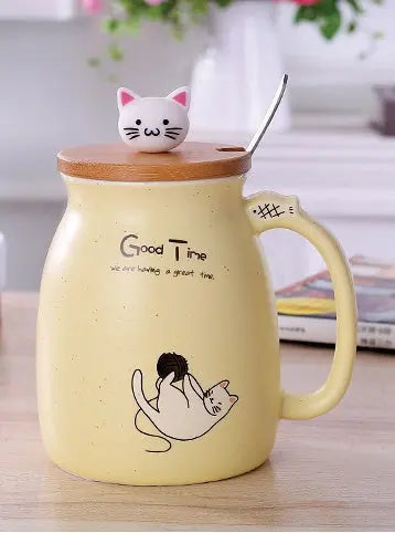 450ml Cartoon Ceramics Cat Mug With Lid and Spoon Coffee Milk Tea Mugs Breakfast Cup Drinkware Novelty Gifts DazzleTrove