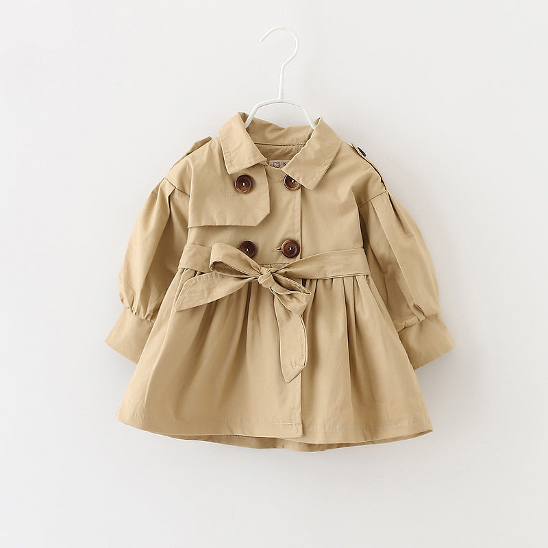 Girls' Polo Collar Solid Color Long Sleeve Trench Coat