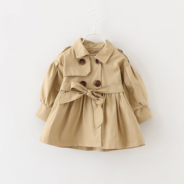 Girls' Polo Collar Solid Color Long Sleeve Trench Coat