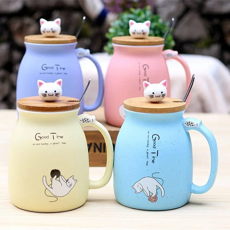 450ml Cartoon Ceramics Cat Mug With Lid and Spoon Coffee Milk Tea Mugs Breakfast Cup Drinkware Novelty Gifts DazzleTrove