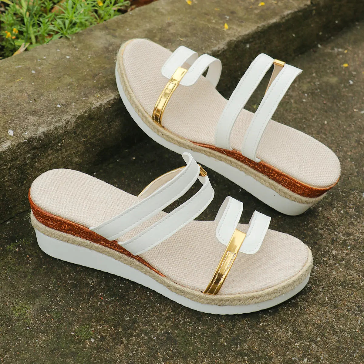 Colorblock-strap Wedges Sandals Summer Fashion Hemp Heel Slides Slippers Outdoor Thick Bottom Fish Mouth Shoes For Women DazzleTrove