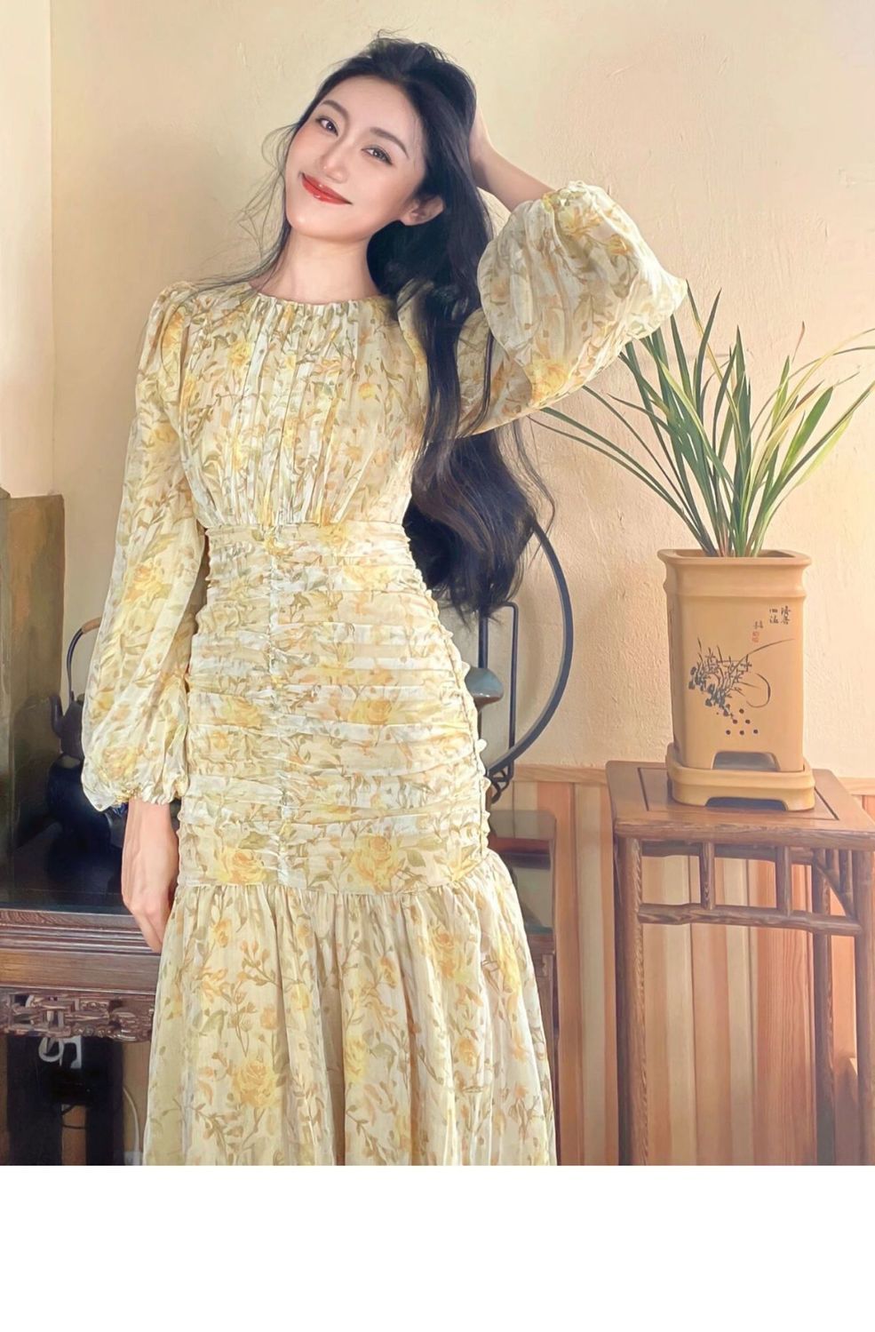 French Style  Style Long Sleeve Floral Dress Fashion High-end Temperament