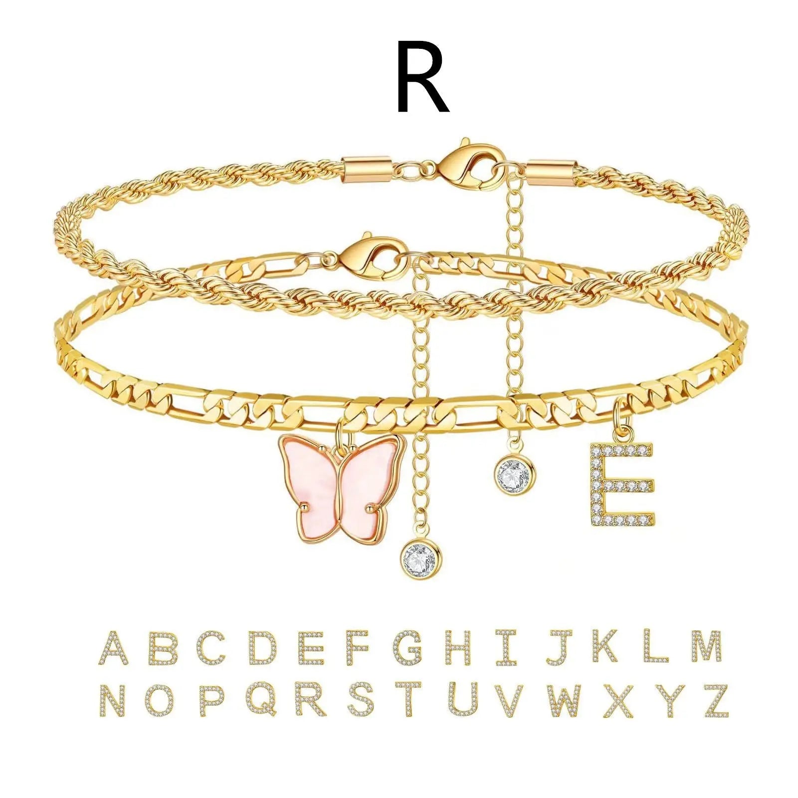 26 Letters Foot Ornaments Ladies Butterfly Double Layer Stack DazzleTrove