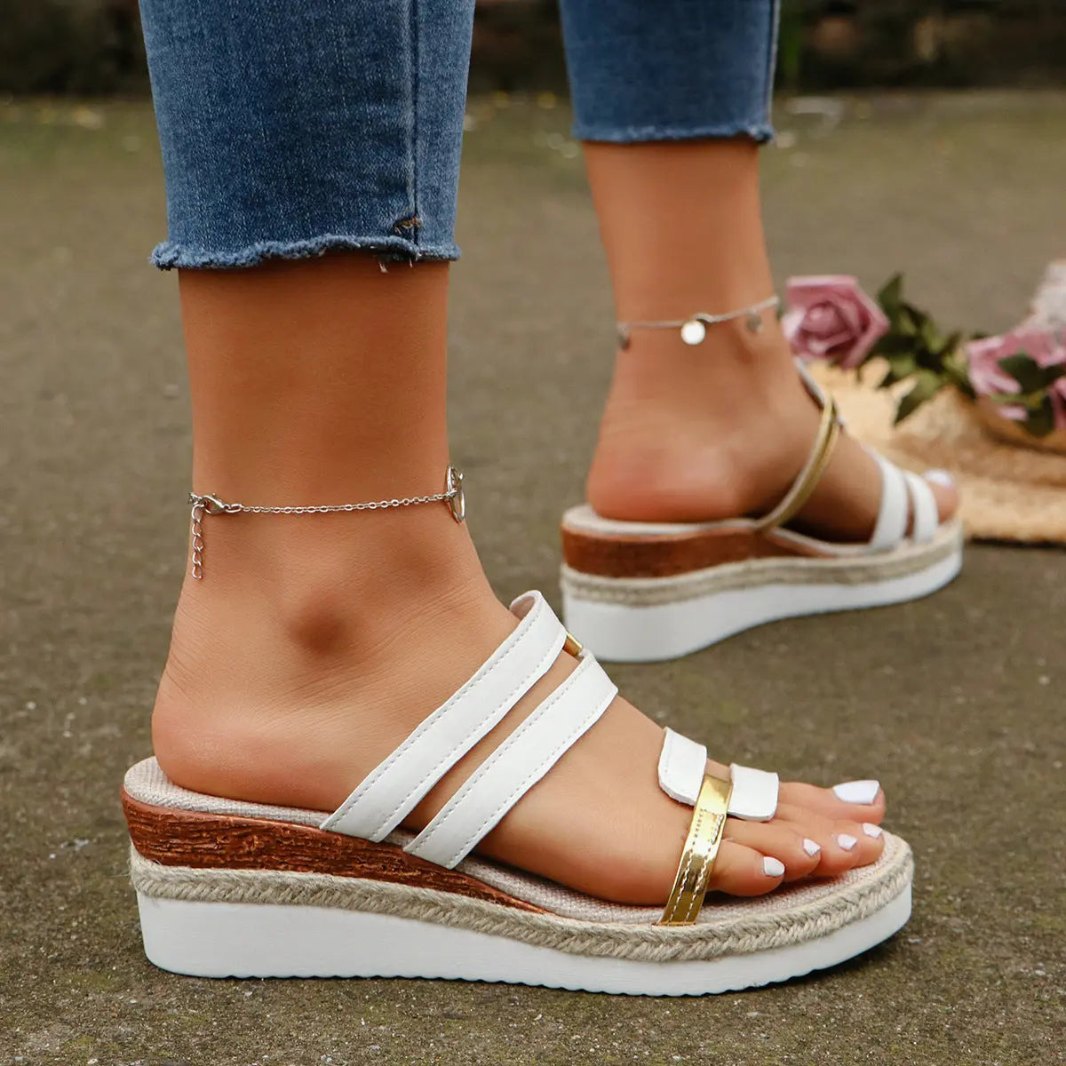 Colorblock-strap Wedges Sandals Summer Fashion Hemp Heel Slides Slippers Outdoor Thick Bottom Fish Mouth Shoes For Women DazzleTrove