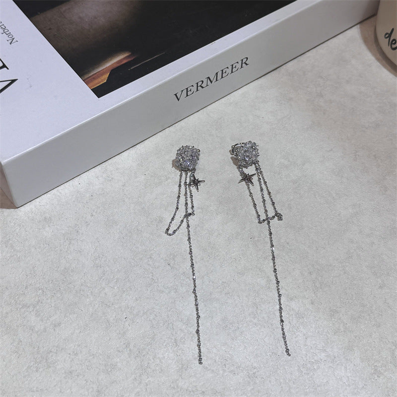 Niche Flower Tassel Ear Clip Full Diamond