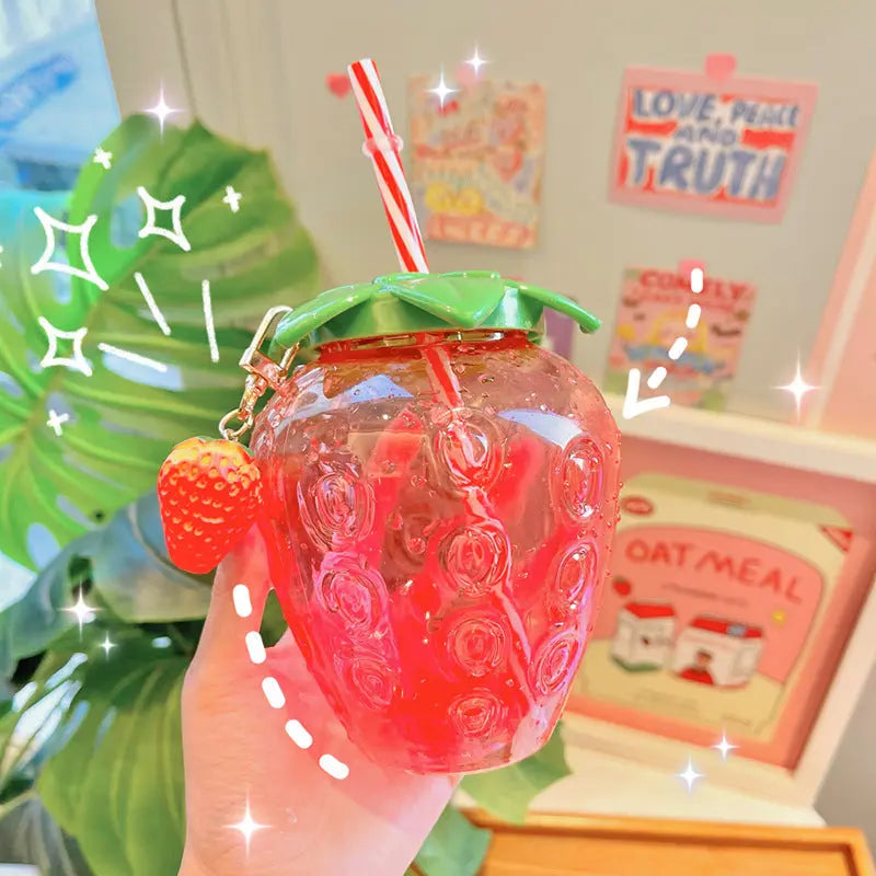 500ml Kawaii Strawberry Water Bottle Cute Strawberry Straw Water Bottle PP Milk Coffee Straw Cup Juice Drinkware Kitchen DazzleTrove