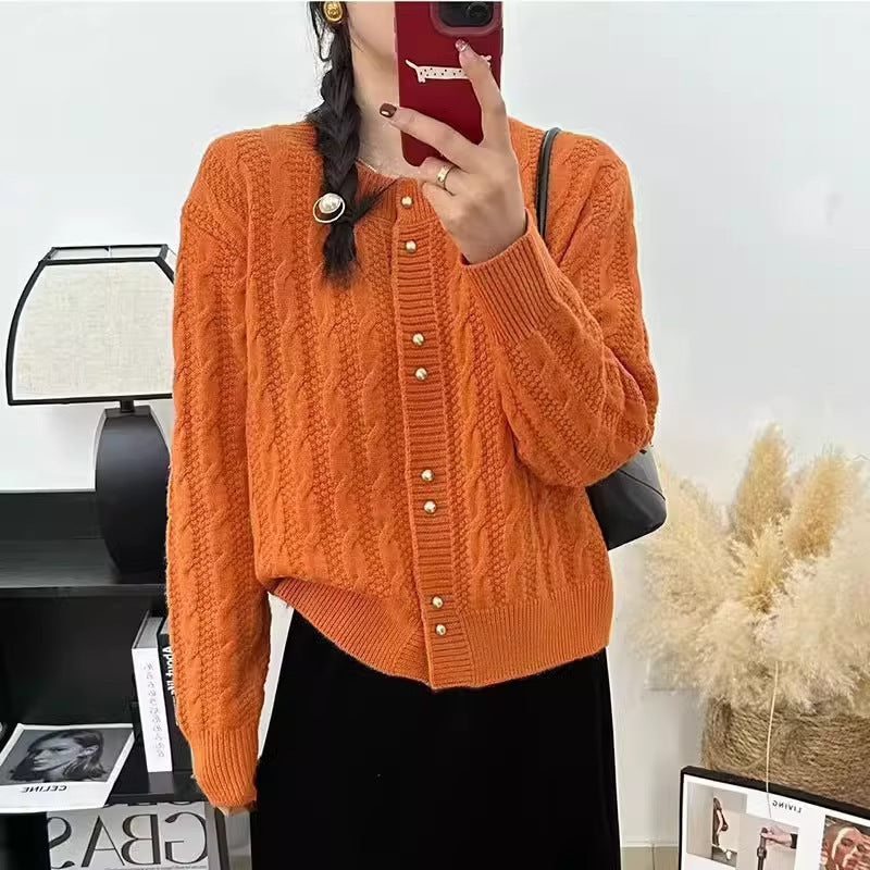Twist Round Neck Pearl Buckle Soft And Comfortable Versatile Sweater Coat