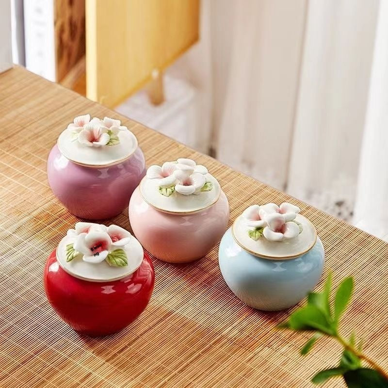 Ceramic Handmade Pinch Flower Storage Tea Jar Sealed Tank