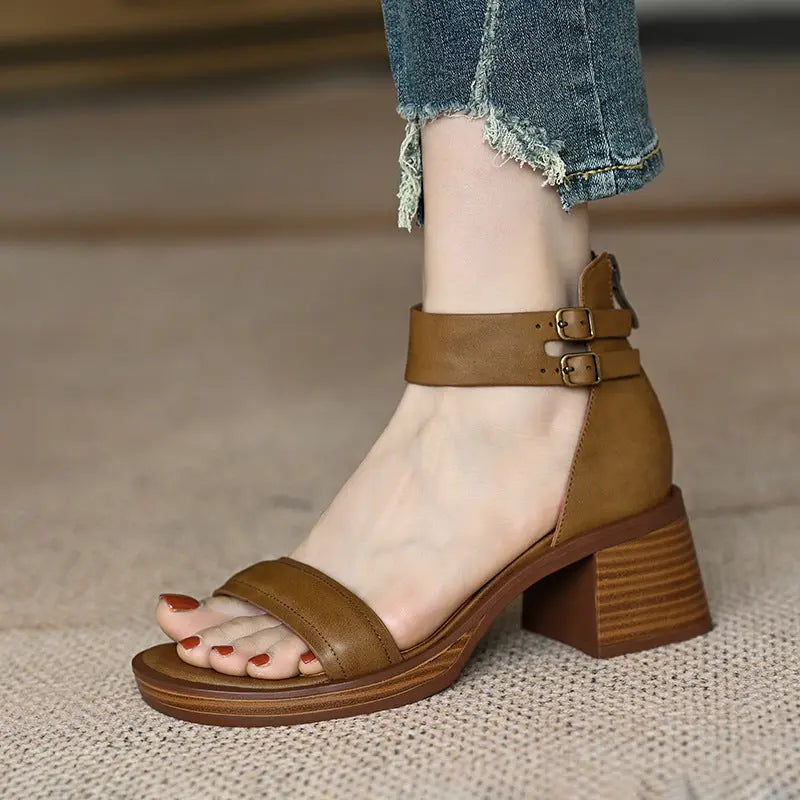 Chunky Heel Back Zip Platform French Style Mid Heel Wide Strap High Heel Shoes DazzleTrove