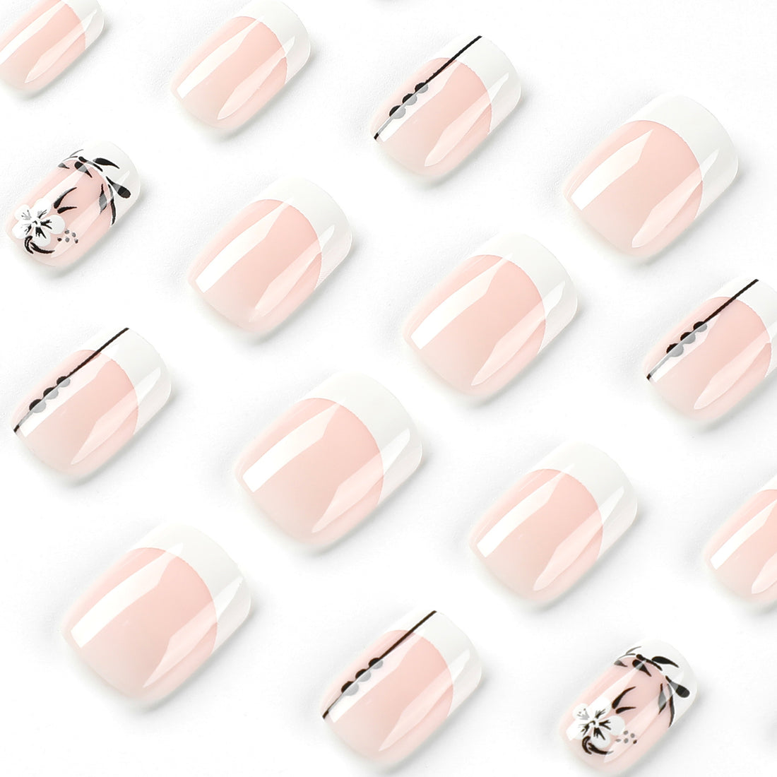 French Flower Black Leaf Short Manicure Wear Nail Tip