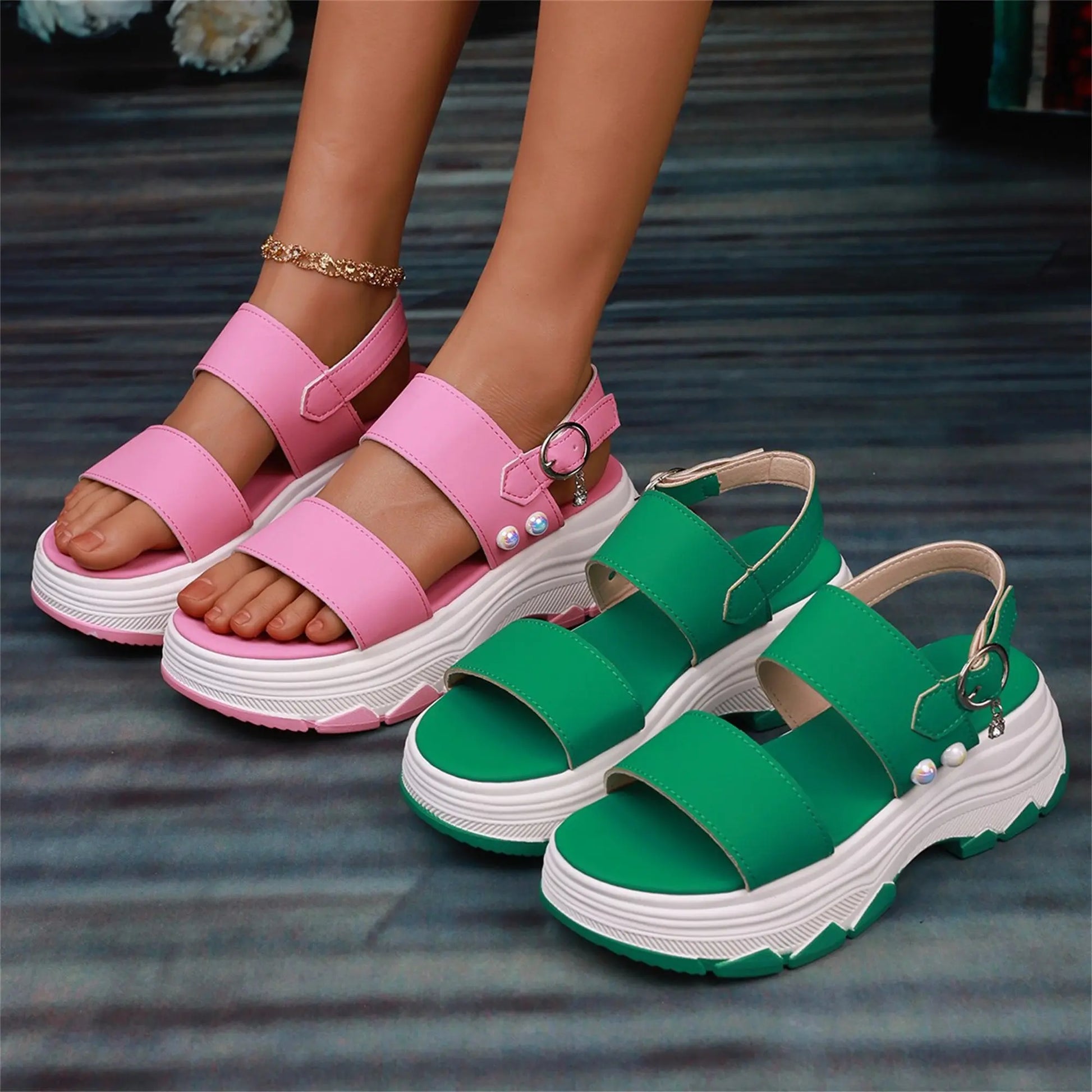 Casual Double-strap Sports Sandals Summer Fashion Solid Color Thick Bottom Buckle Fish Mouth Shoes Women DazzleTrove