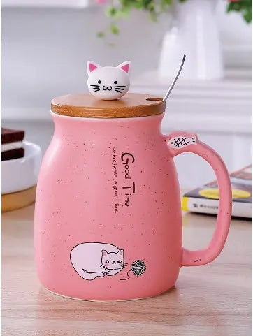 450ml Cartoon Ceramics Cat Mug With Lid and Spoon Coffee Milk Tea Mugs Breakfast Cup Drinkware Novelty Gifts DazzleTrove