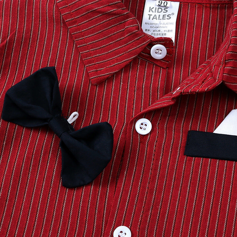 Children Striped Cotton Long Sleeve Shirt Bow Bib Gentleman Suit
