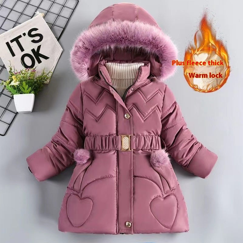 Girls' Mid-length Fleece-lined Thickened Cotton Coat