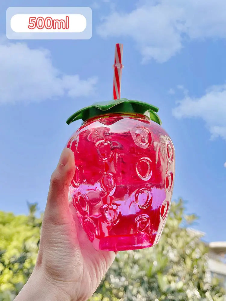 500ml Kawaii Strawberry Water Bottle Cute Strawberry Straw Water Bottle PP Milk Coffee Straw Cup Juice Drinkware Kitchen DazzleTrove