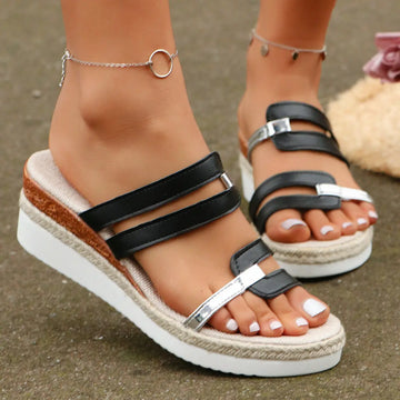 Colorblock-strap Wedges Sandals Summer Fashion Hemp Heel Slides Slippers Outdoor Thick Bottom Fish Mouth Shoes For Women DazzleTrove