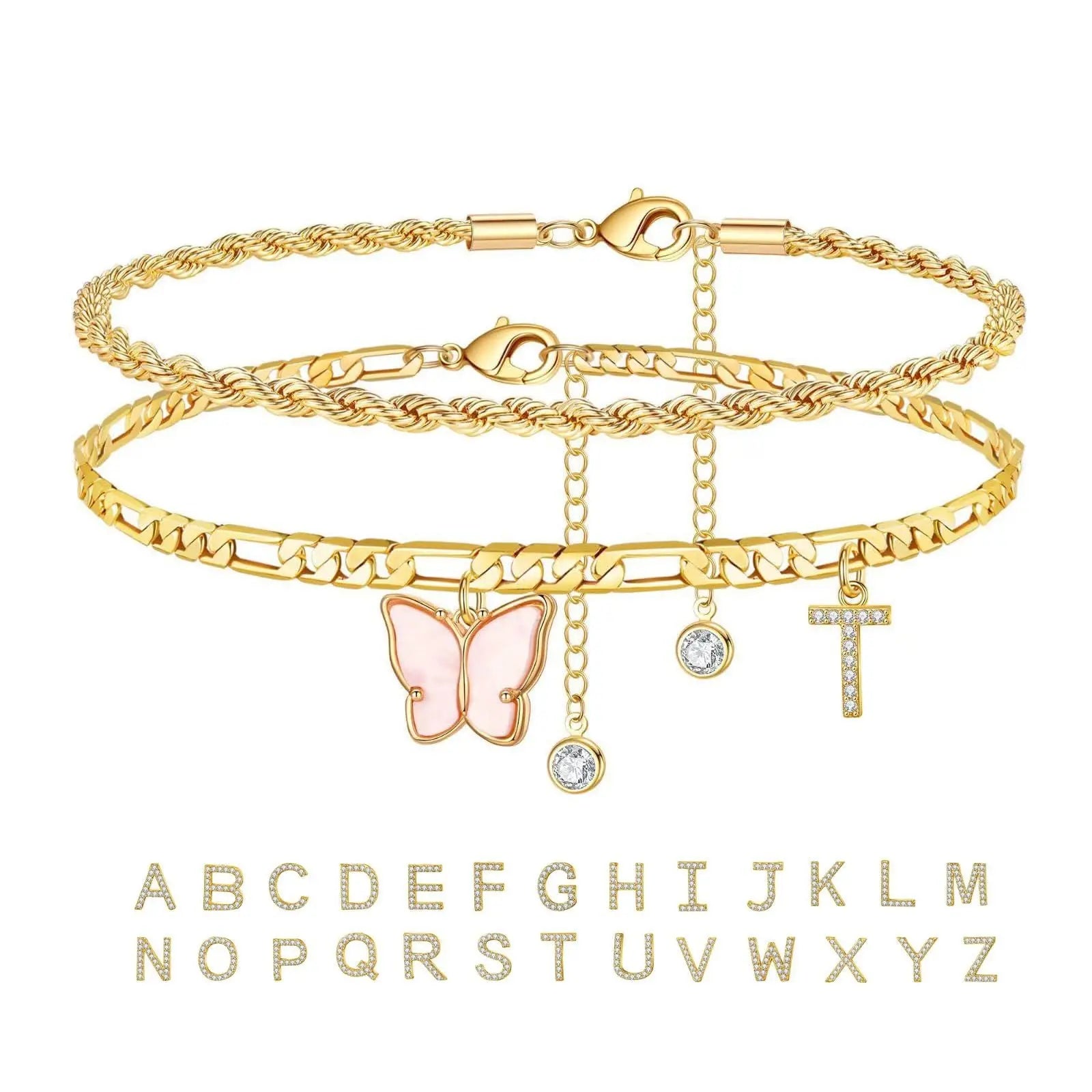 26 Letters Foot Ornaments Ladies Butterfly Double Layer Stack DazzleTrove