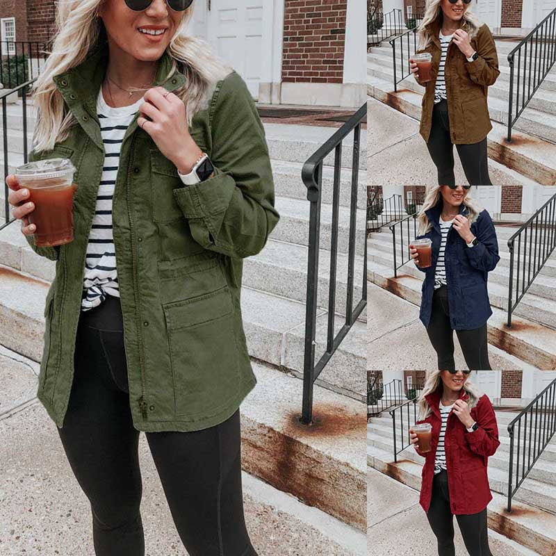 Women's Loose Solid Color Jacket Zipper Pocket Coat