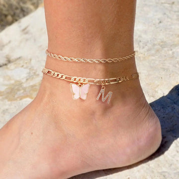 26 Letters Foot Ornaments Ladies Butterfly Double Layer Stack DazzleTrove