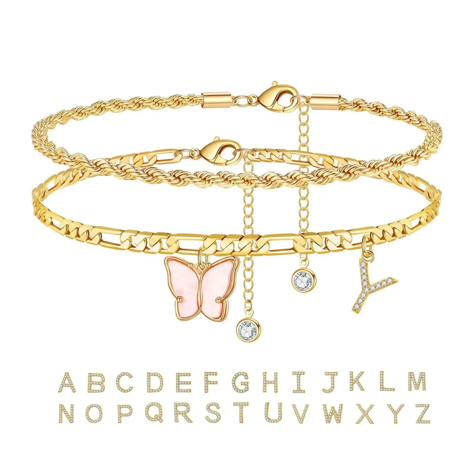 26 Letters Foot Ornaments Ladies Butterfly Double Layer Stack DazzleTrove