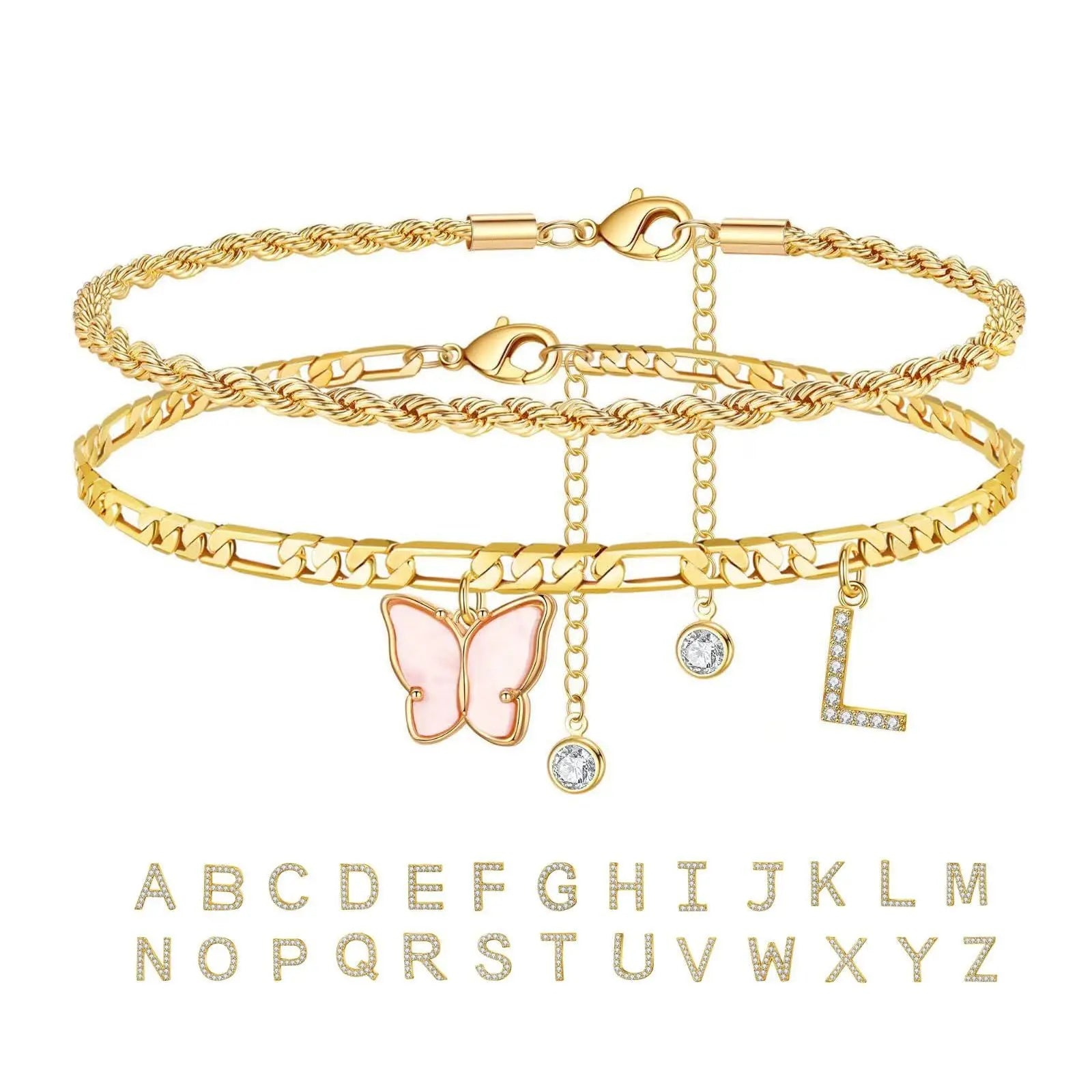 26 Letters Foot Ornaments Ladies Butterfly Double Layer Stack DazzleTrove