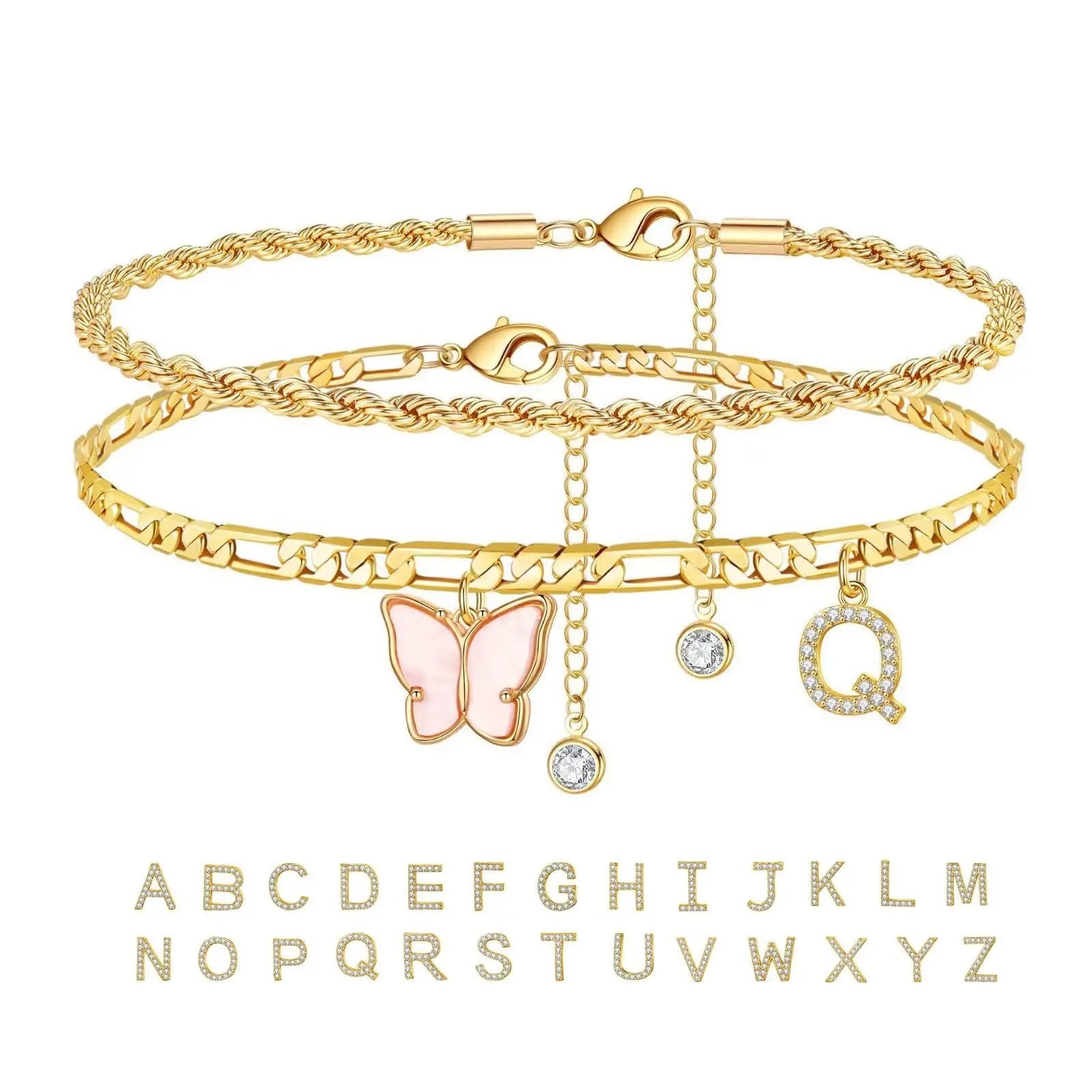 26 Letters Foot Ornaments Ladies Butterfly Double Layer Stack DazzleTrove