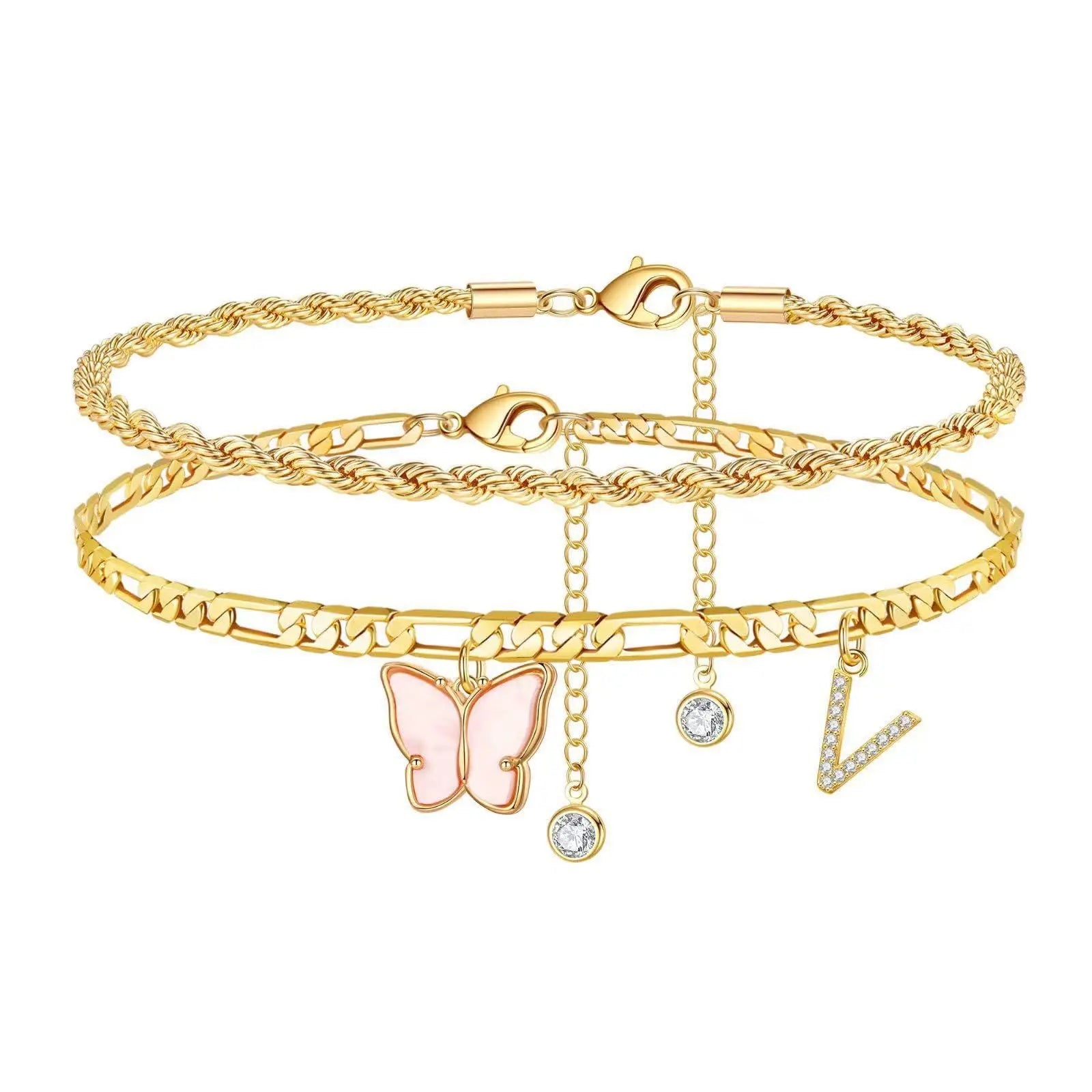 26 Letters Foot Ornaments Ladies Butterfly Double Layer Stack DazzleTrove