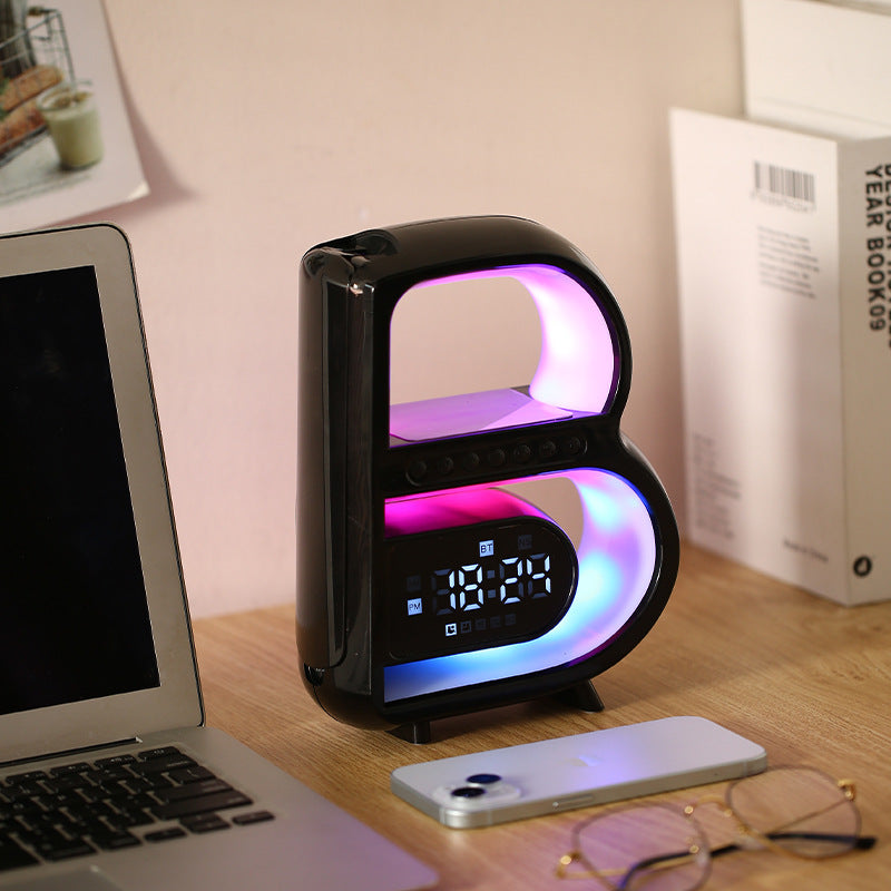 2024 New B-Shaped Blutooth Speaker Multifunctional Smart Music Rhythm Lighting Phone Wireless Charger TF Card AUX Input Standard Mode DazzleTrove