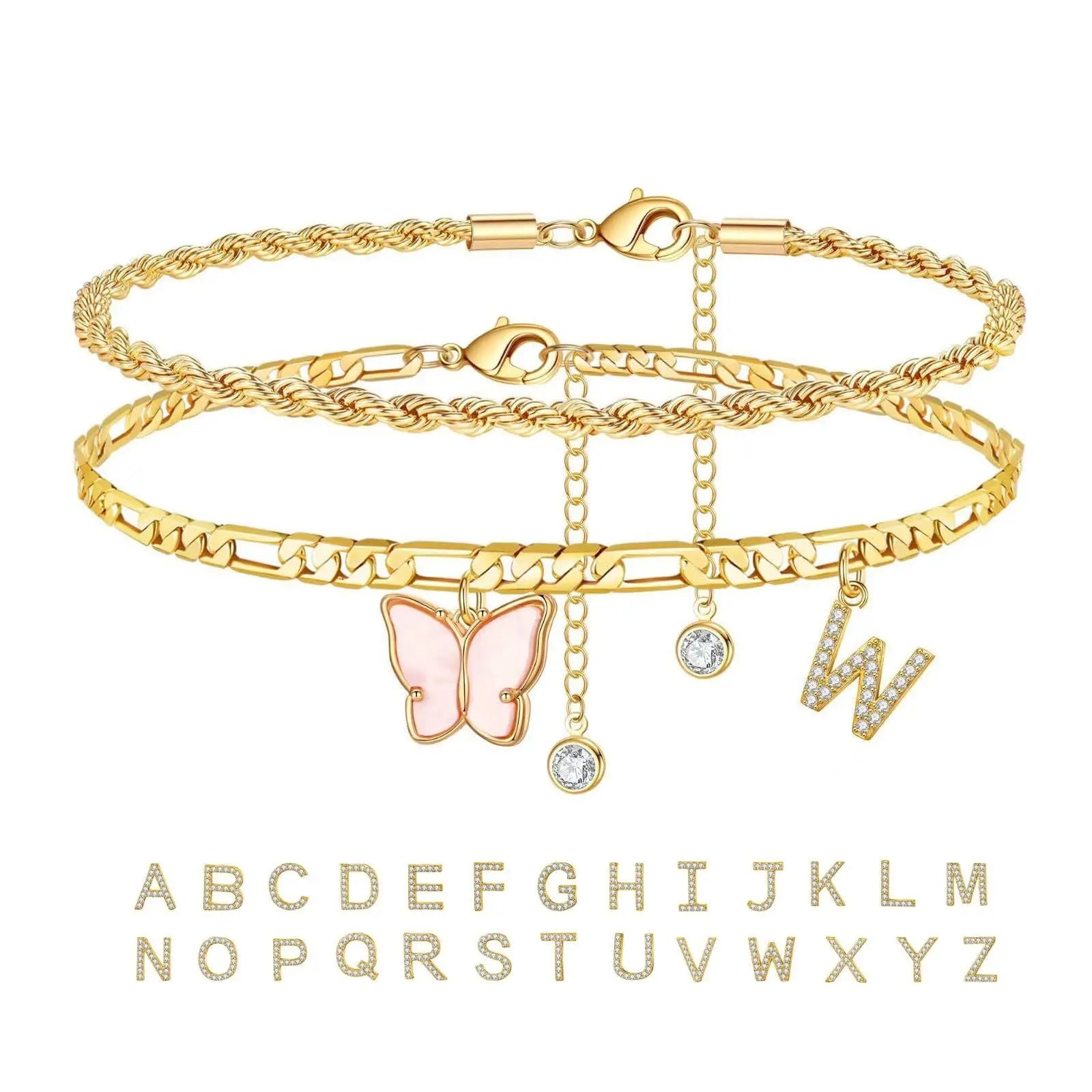 26 Letters Foot Ornaments Ladies Butterfly Double Layer Stack DazzleTrove
