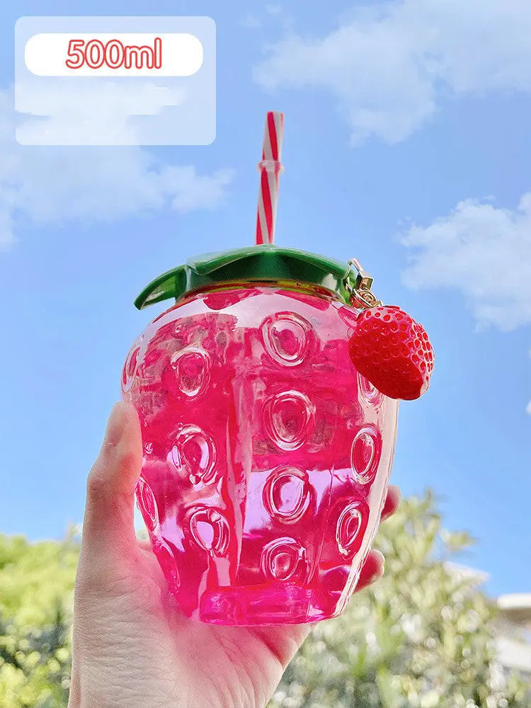 500ml Kawaii Strawberry Water Bottle Cute Strawberry Straw Water Bottle PP Milk Coffee Straw Cup Juice Drinkware Kitchen DazzleTrove